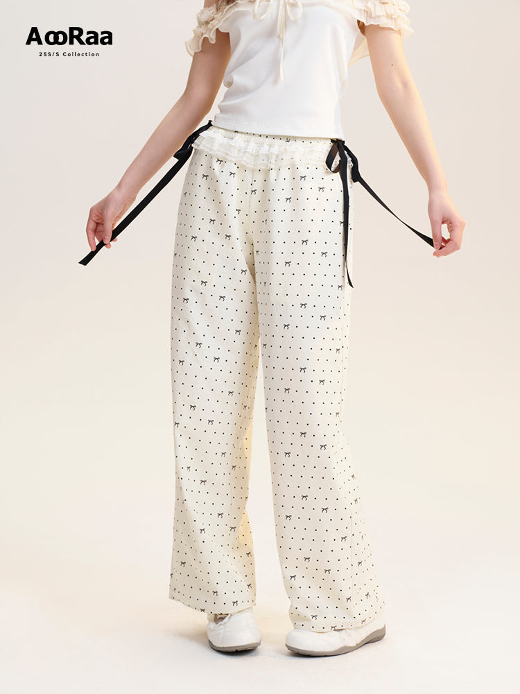Bow & Dot Printed Pants With Waist Ruffle