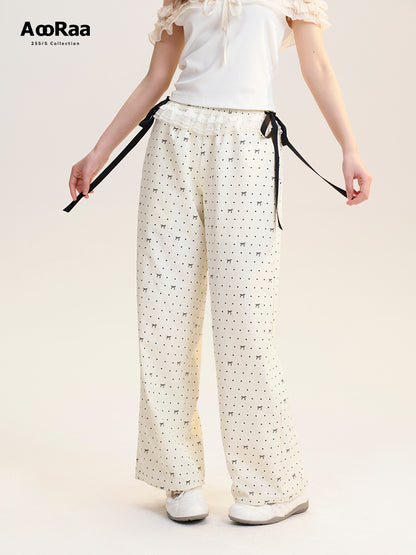 Bow & Dot Printed Pants With Waist Ruffle