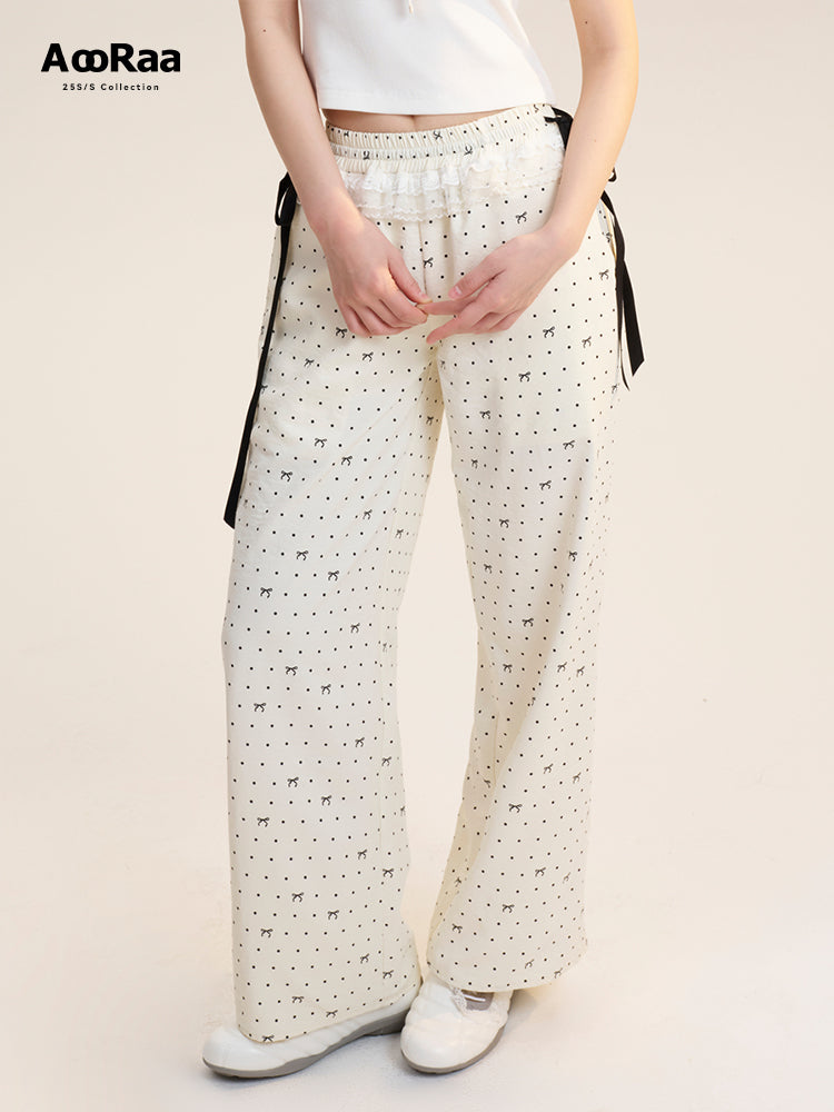 Bow & Dot Printed Pants With Waist Ruffle