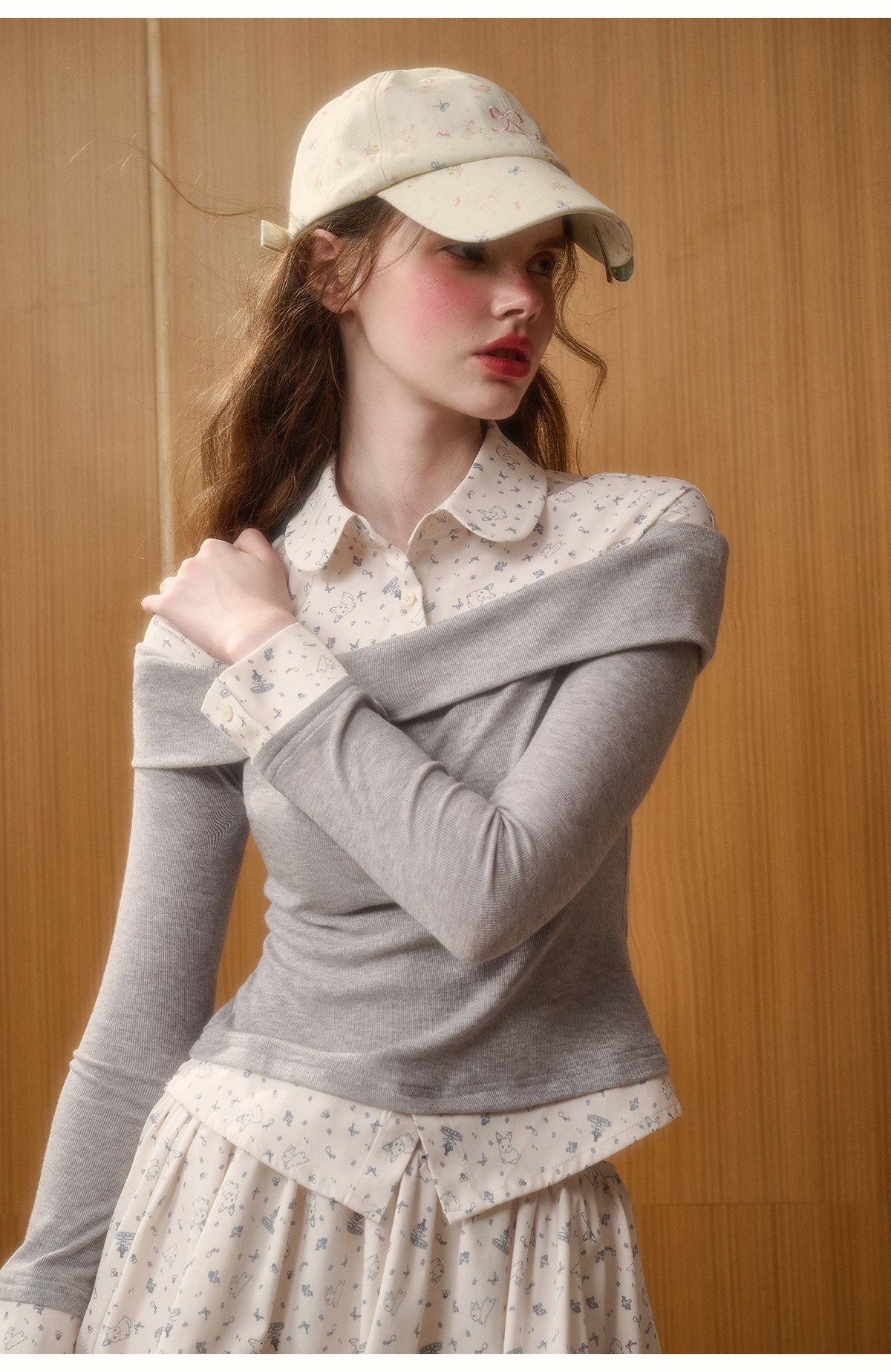 Bunny Print Layered-Look Top & Ruffled Skirt