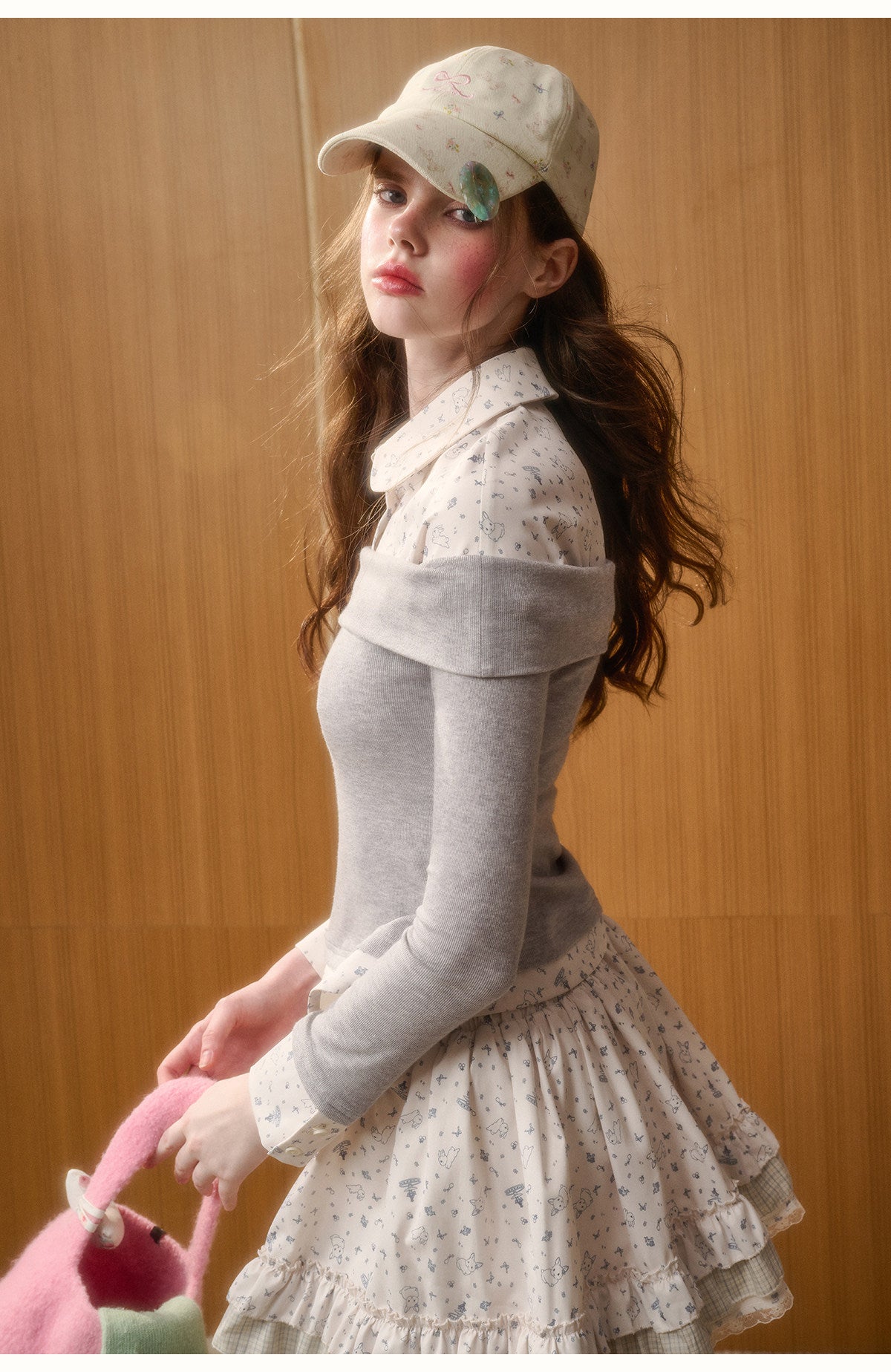 Bunny Print Layered-Look Top & Ruffled Skirt