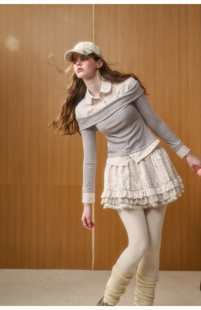 Bunny Print Layered-Look Top & Ruffled Skirt