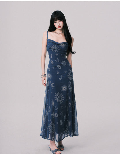Draped Celestial Print Maxi Cami Dress