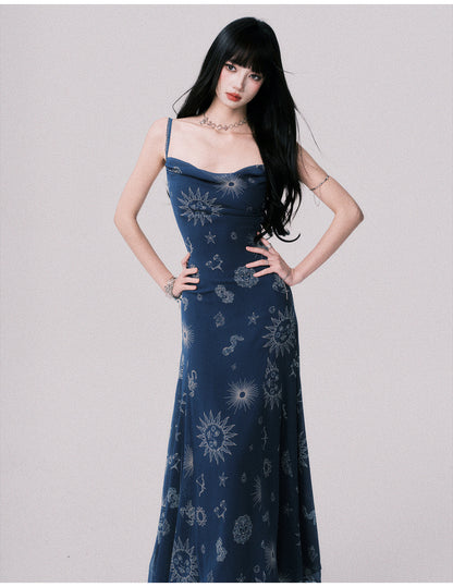 Draped Celestial Print Maxi Cami Dress