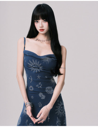 Draped Celestial Print Maxi Cami Dress
