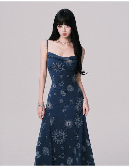 Draped Celestial Print Maxi Cami Dress