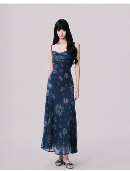 Draped Celestial Print Maxi Cami Dress