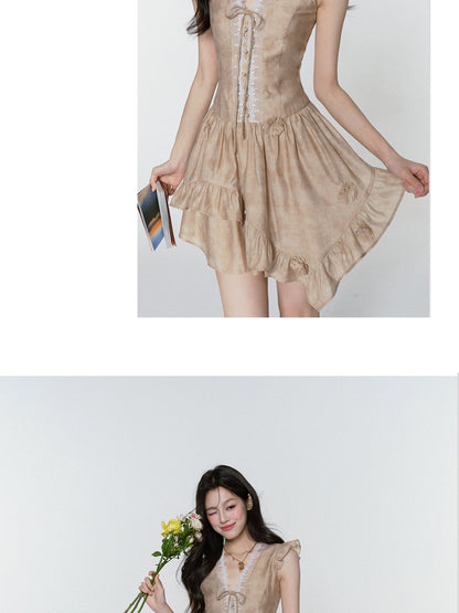 Smudge Print Asymmetric Dress With Butterfly Sleeves