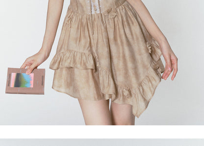 Smudge Print Asymmetric Dress With Butterfly Sleeves