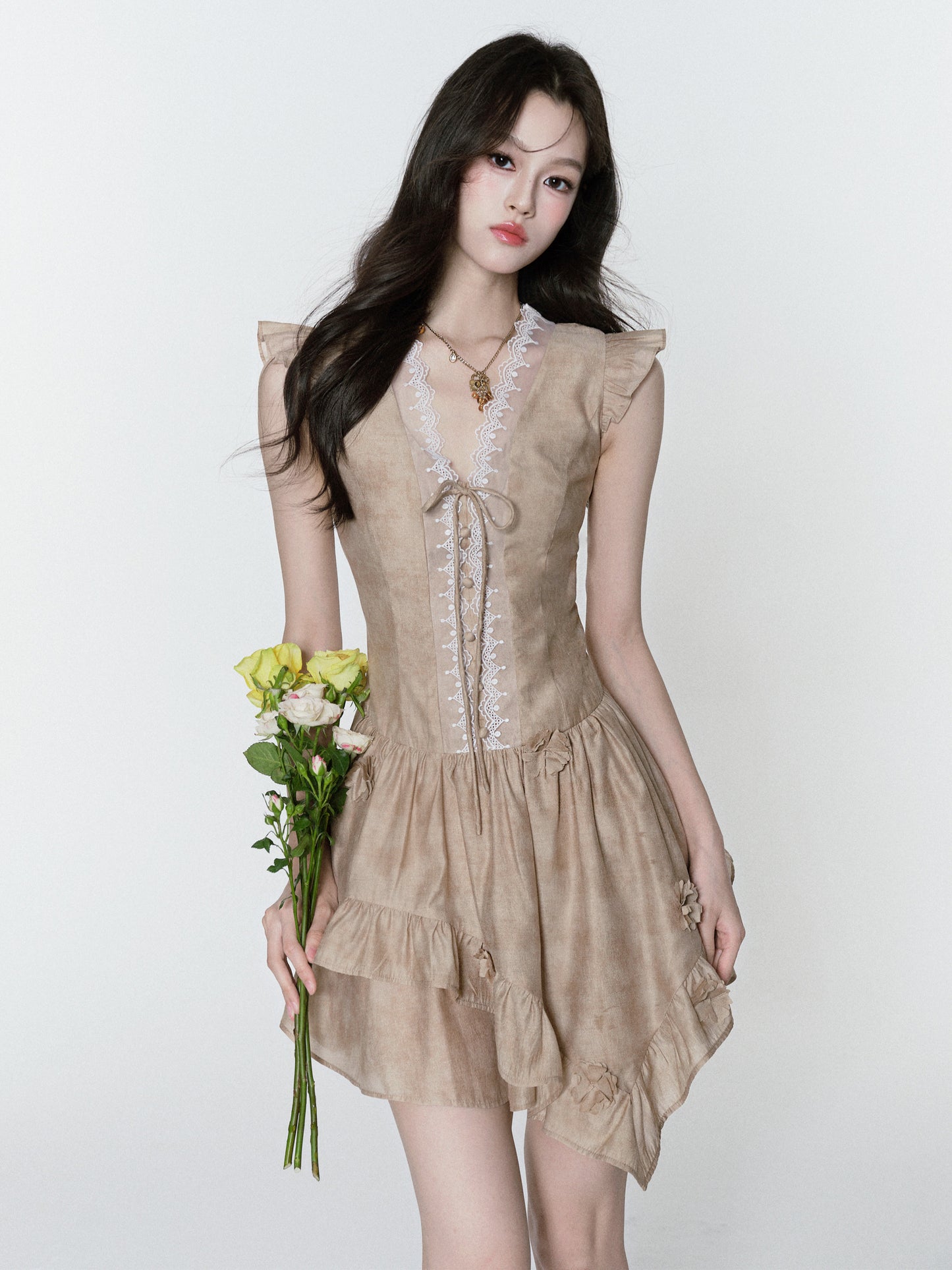 Smudge Print Asymmetric Dress With Butterfly Sleeves