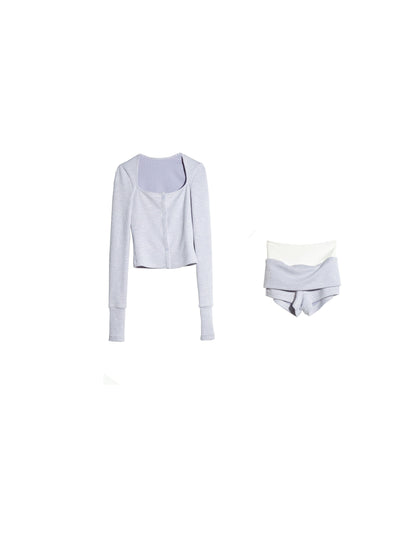 Buttoned Light Rib Knit Top And Shorts Set
