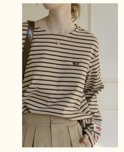 Relaxed Striped Tee With Heart Embroidery