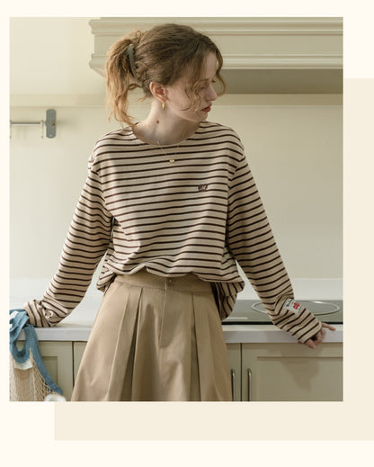 Relaxed Striped Tee With Heart Embroidery