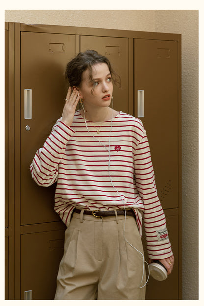 Relaxed Striped Tee With Heart Embroidery