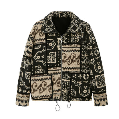 Patchwork Patterned Faux Shearling Zip-Up Jacket