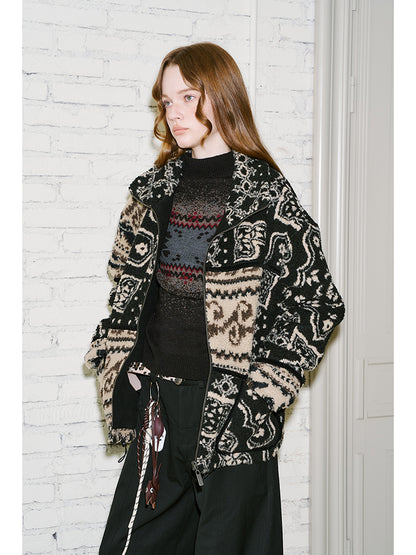 Patchwork Patterned Faux Shearling Zip-Up Jacket