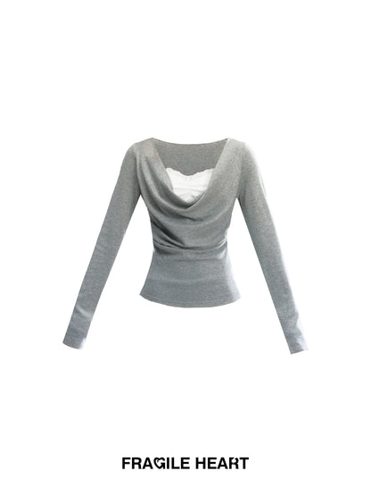 Slim Fit Layered-Look Draped Knit Top