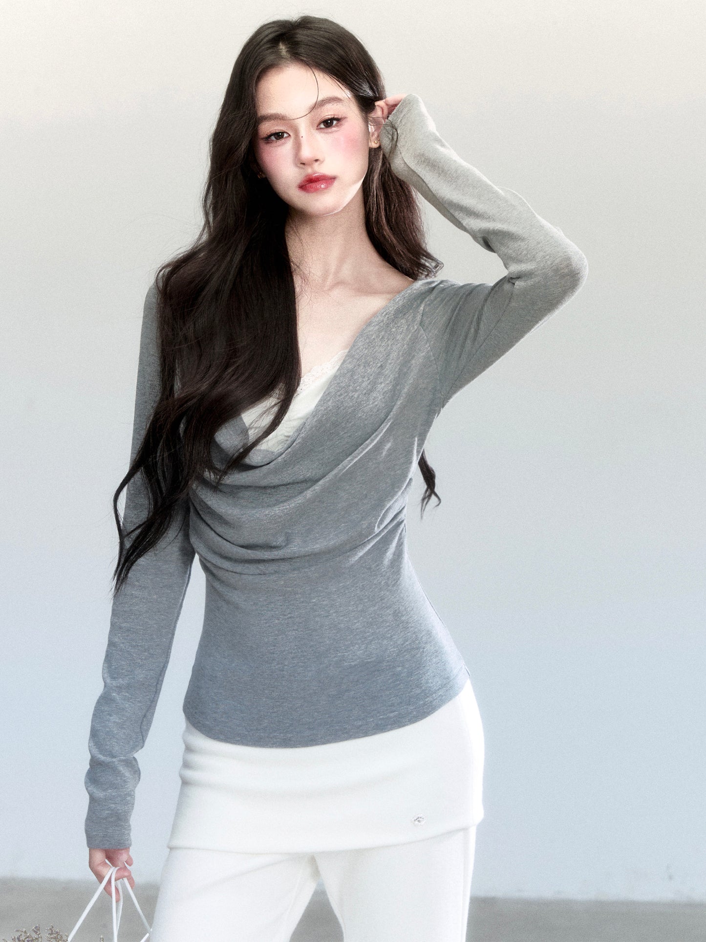 Slim Fit Layered-Look Draped Knit Top