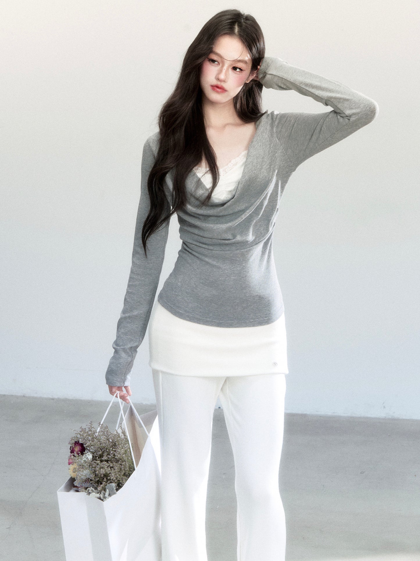 Slim Fit Layered-Look Draped Knit Top