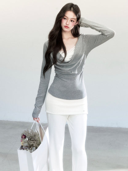 Slim Fit Layered-Look Draped Knit Top