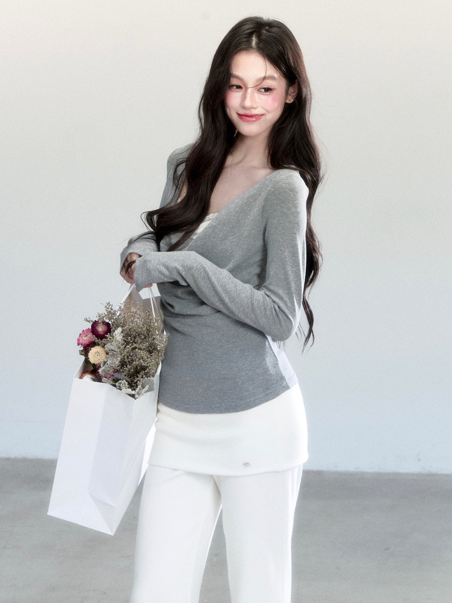 Slim Fit Layered-Look Draped Knit Top