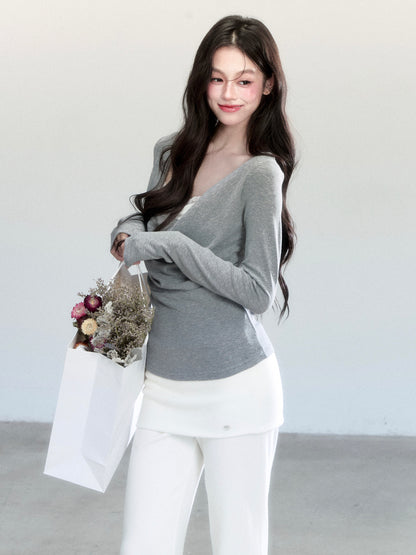 Slim Fit Layered-Look Draped Knit Top