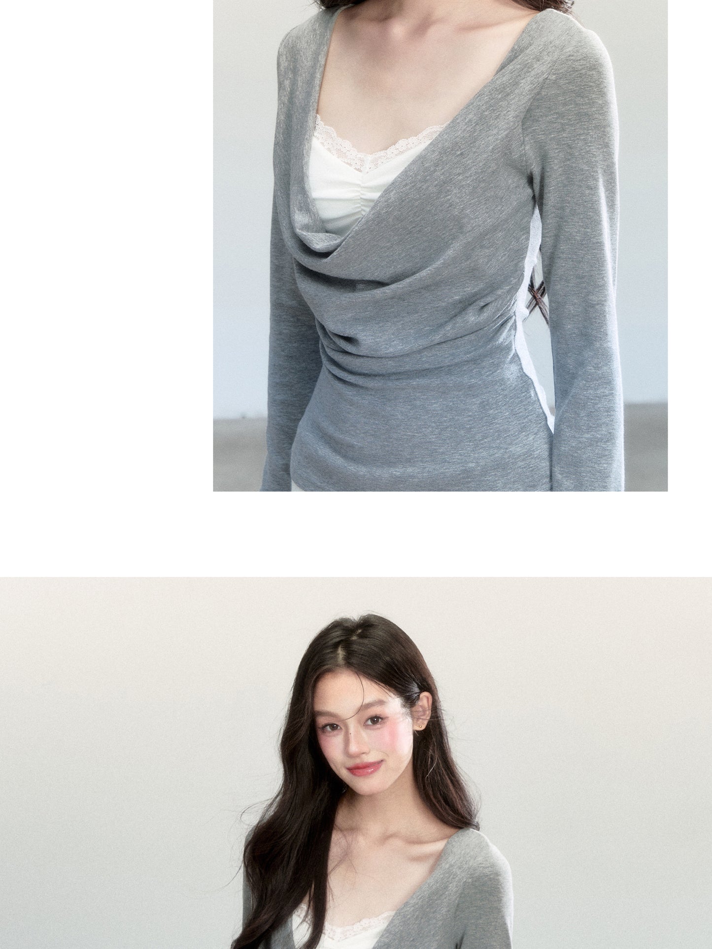 Slim Fit Layered-Look Draped Knit Top