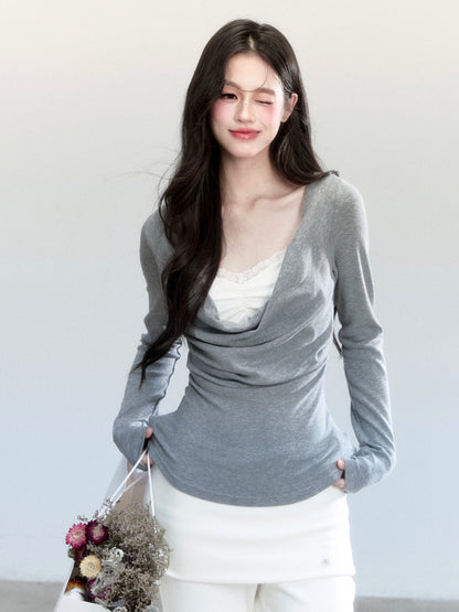 Slim Fit Layered-Look Draped Knit Top