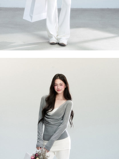 Slim Fit Layered-Look Draped Knit Top