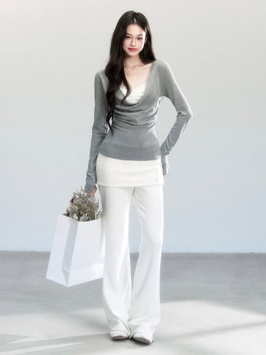 Slim Fit Layered-Look Draped Knit Top