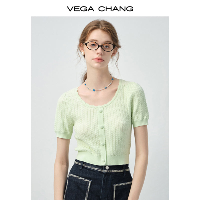 Round Neck Patterned Knit Cropped Top