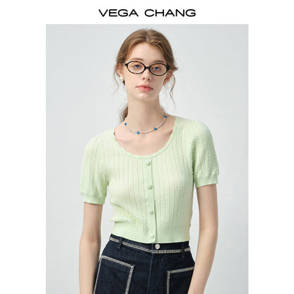 Round Neck Patterned Knit Cropped Top