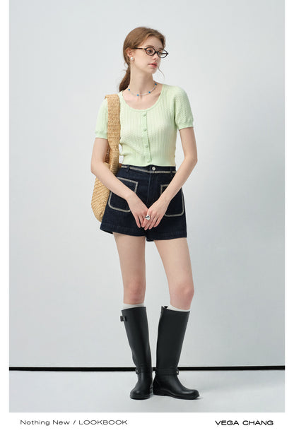 Round Neck Patterned Knit Cropped Top