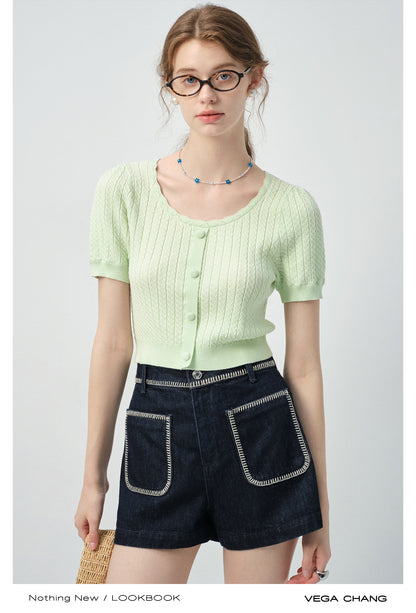 Round Neck Patterned Knit Cropped Top