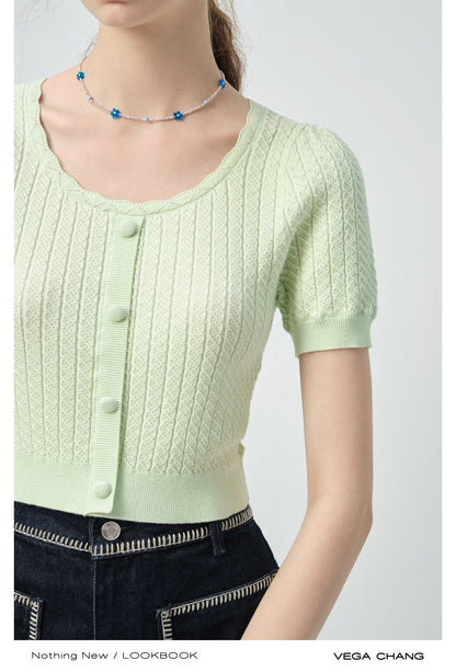 Round Neck Patterned Knit Cropped Top