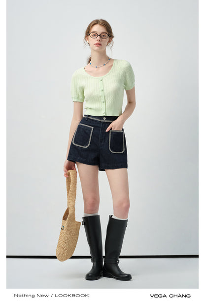 Round Neck Patterned Knit Cropped Top