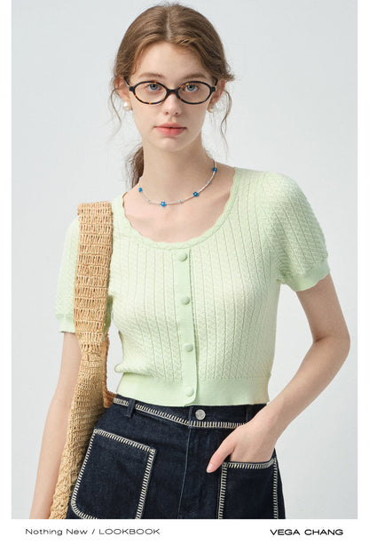 Round Neck Patterned Knit Cropped Top