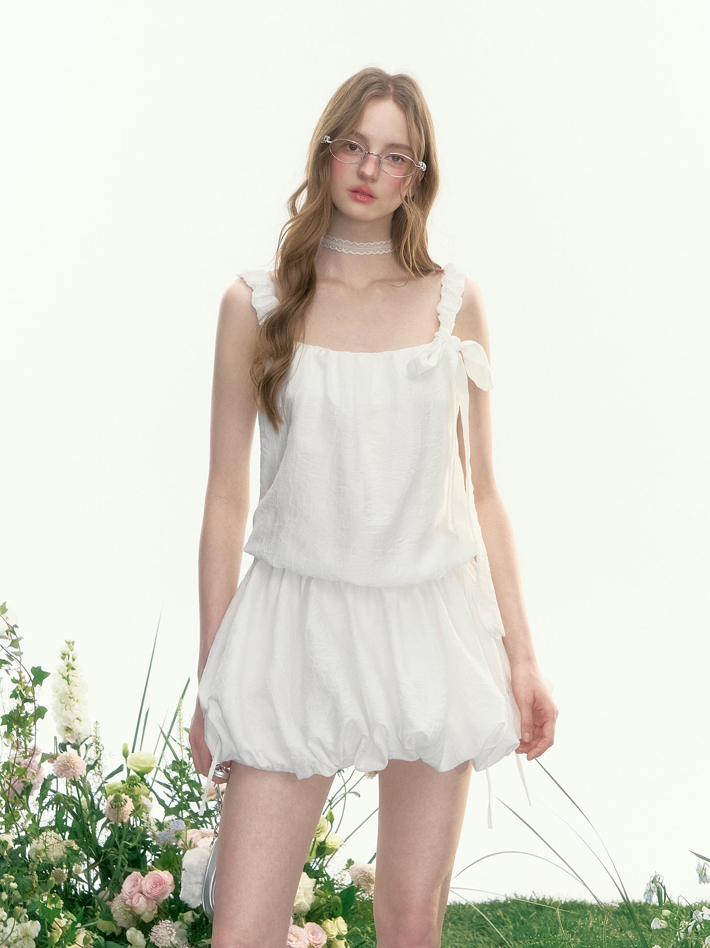 Crinkled Bubble Hem Dress With Ruched Straps