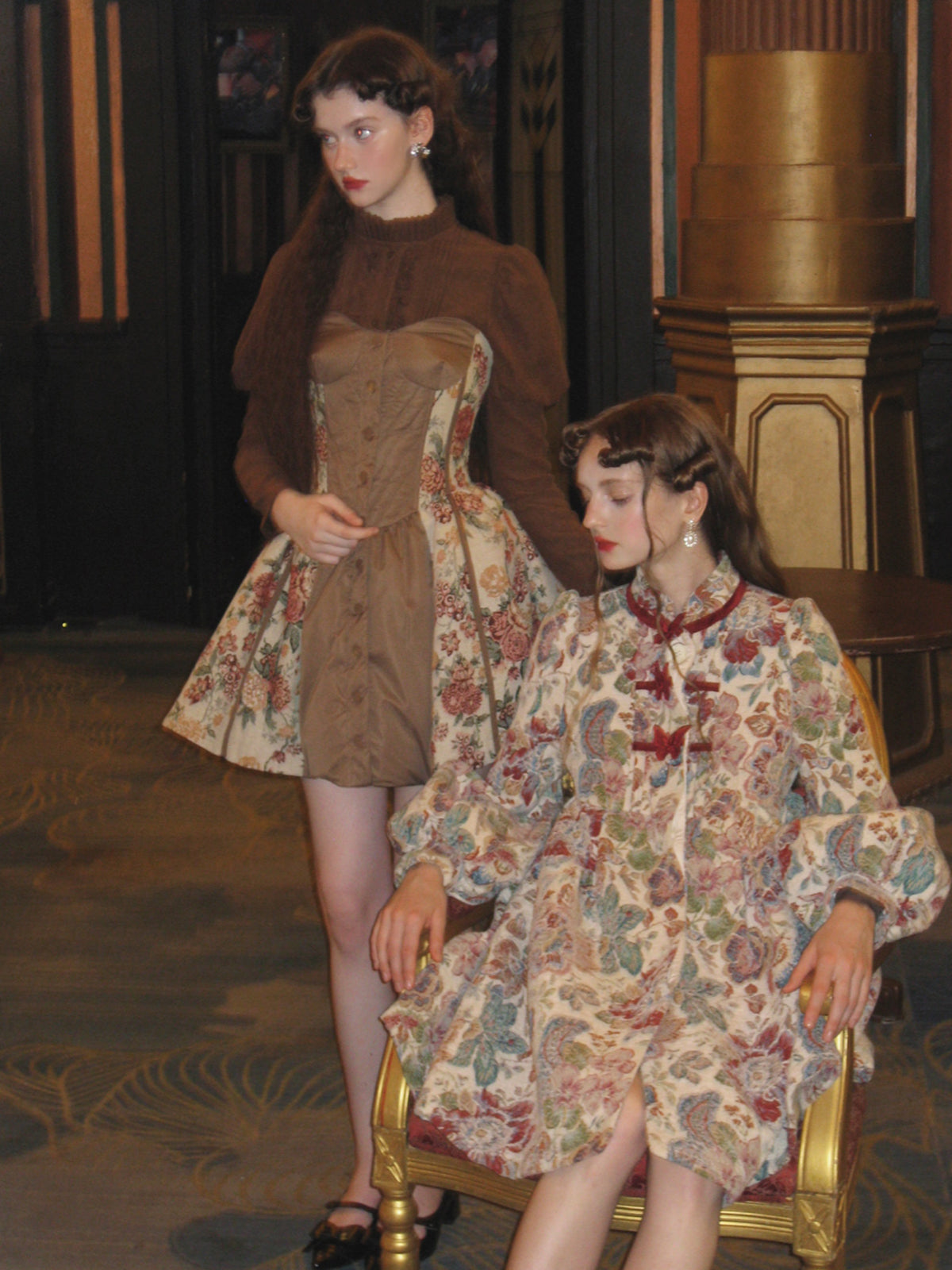 Jacquard Butterfly Accent Dress With Lantern Sleeves