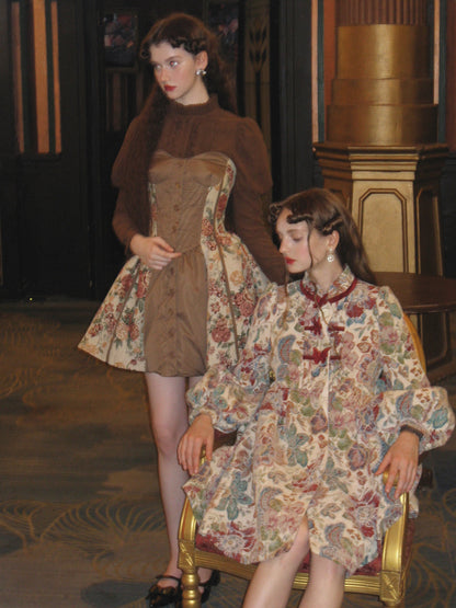 Jacquard Butterfly Accent Dress With Lantern Sleeves