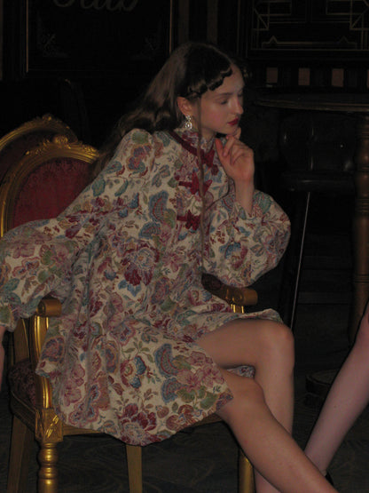 Jacquard Butterfly Accent Dress With Lantern Sleeves