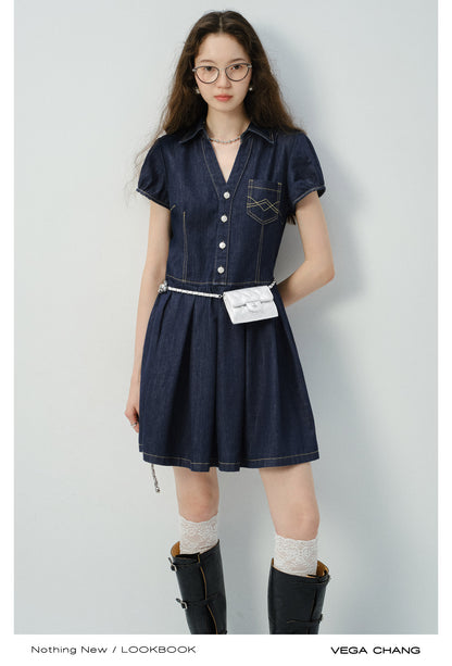 Contrast Stitched Button-Up Denim Dress