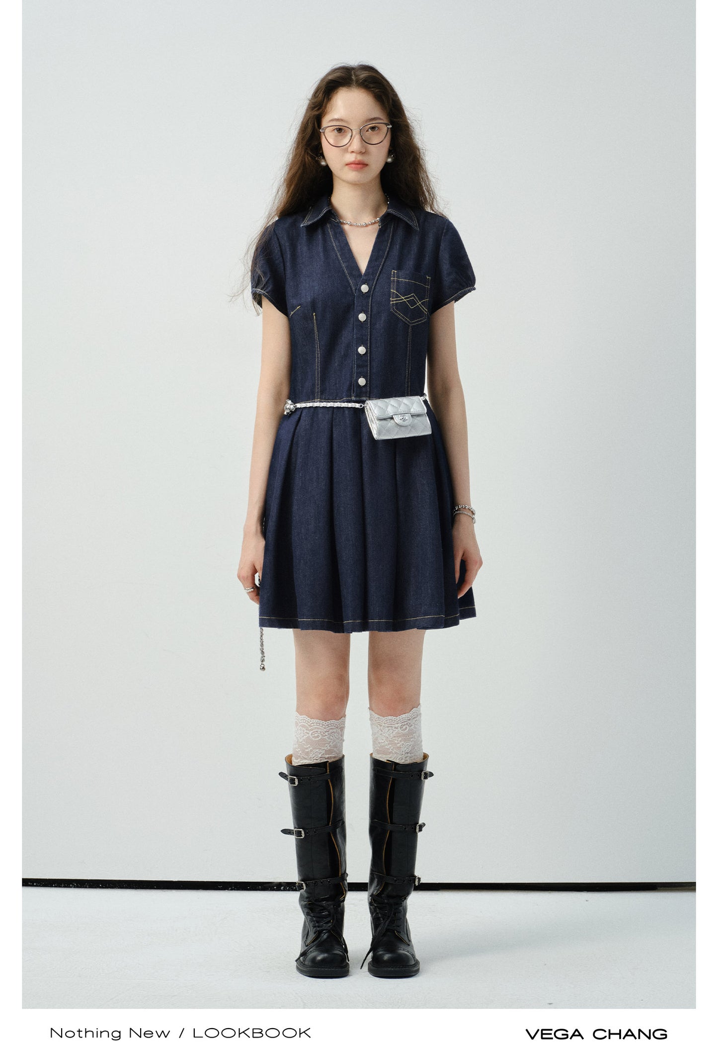 Contrast Stitched Button-Up Denim Dress