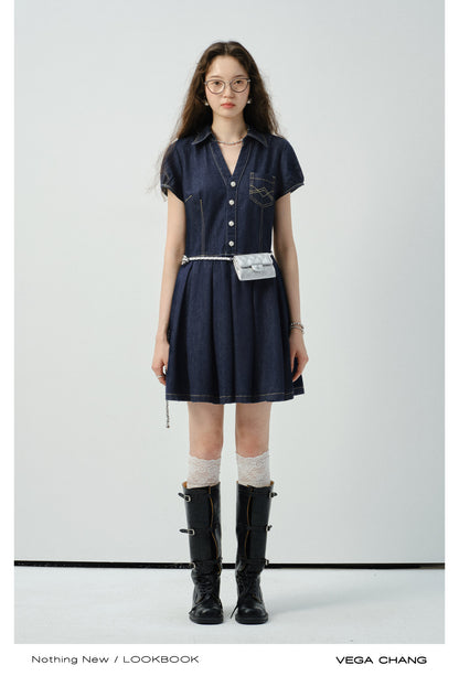 Contrast Stitched Button-Up Denim Dress