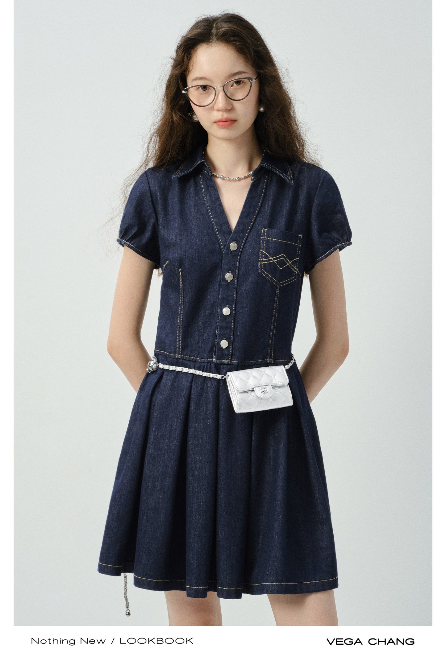 Contrast Stitched Button-Up Denim Dress