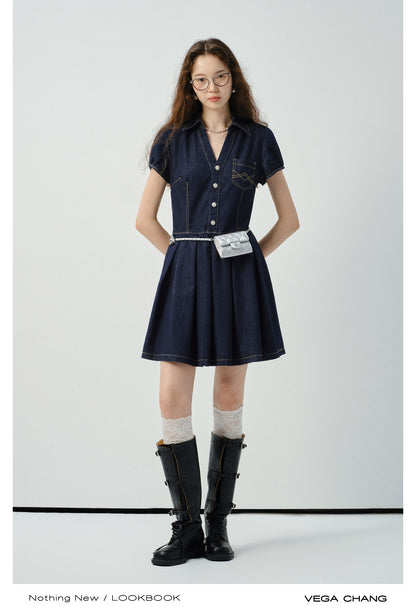 Contrast Stitched Button-Up Denim Dress
