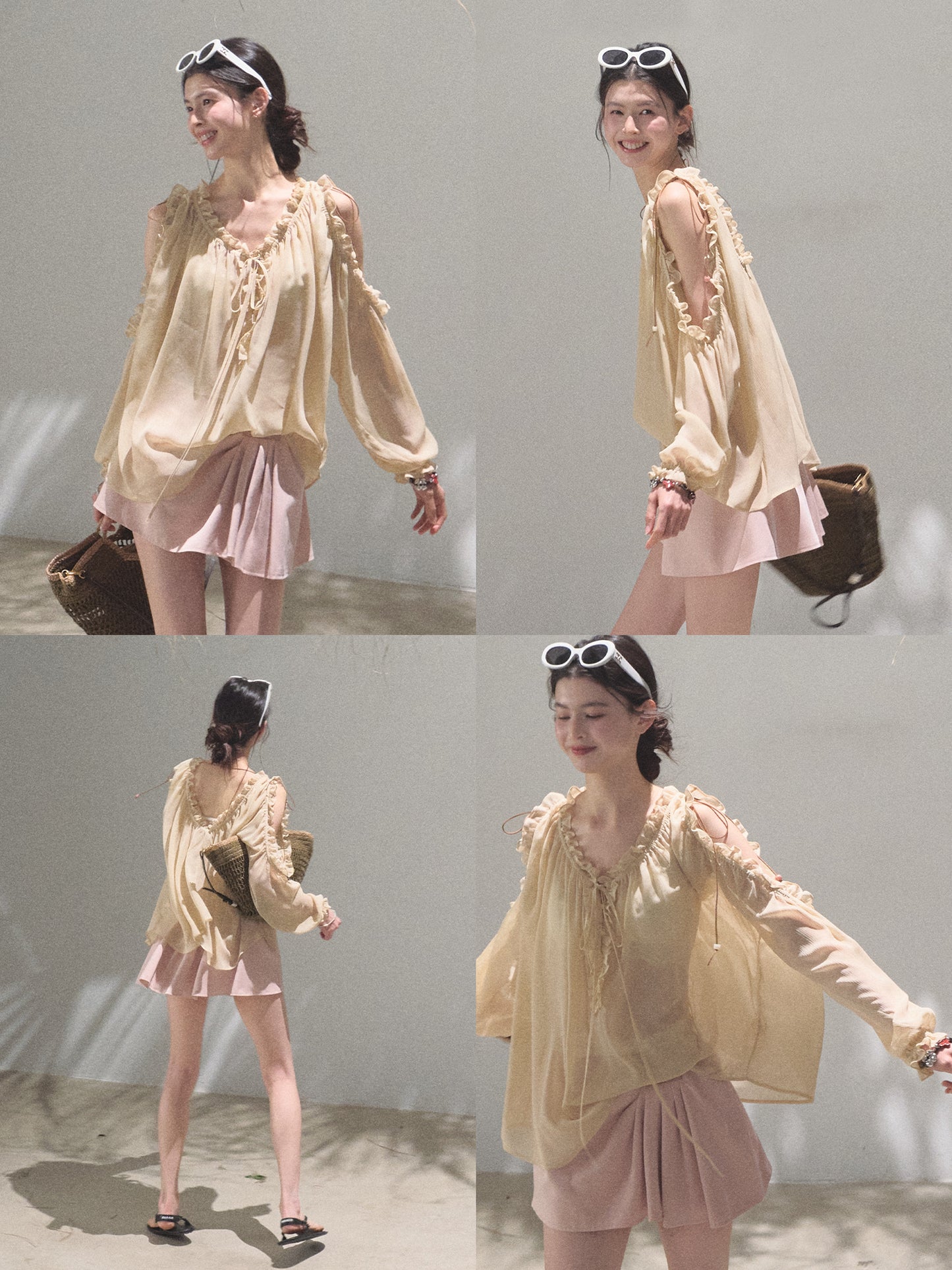 Cold-Shoulder Ruffled Chiffon Blouse