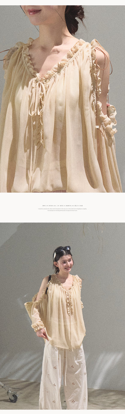 Cold-Shoulder Ruffled Chiffon Blouse