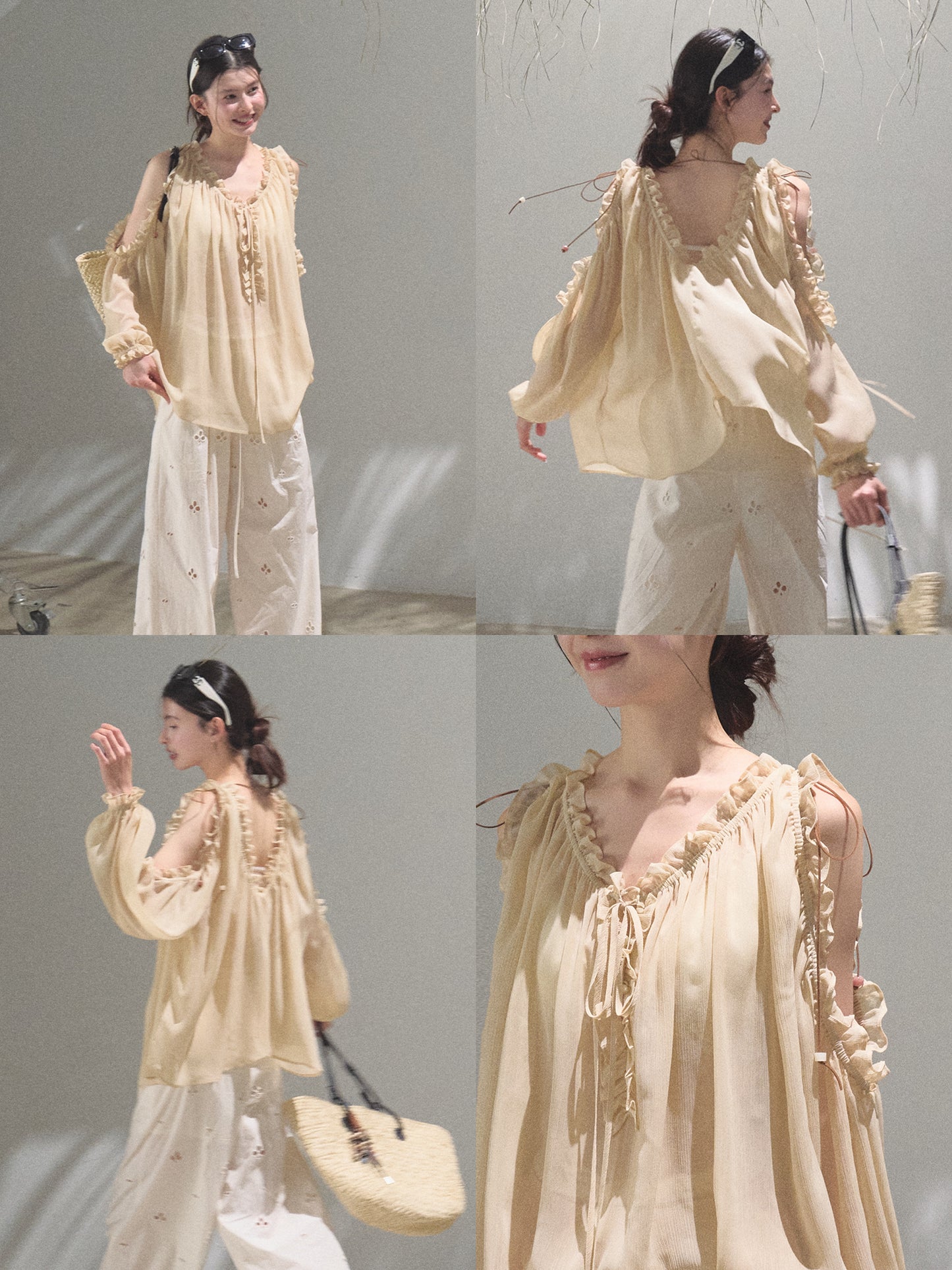 Cold-Shoulder Ruffled Chiffon Blouse