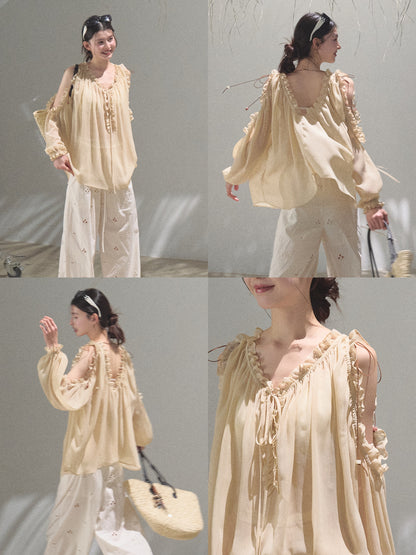 Cold-Shoulder Ruffled Chiffon Blouse